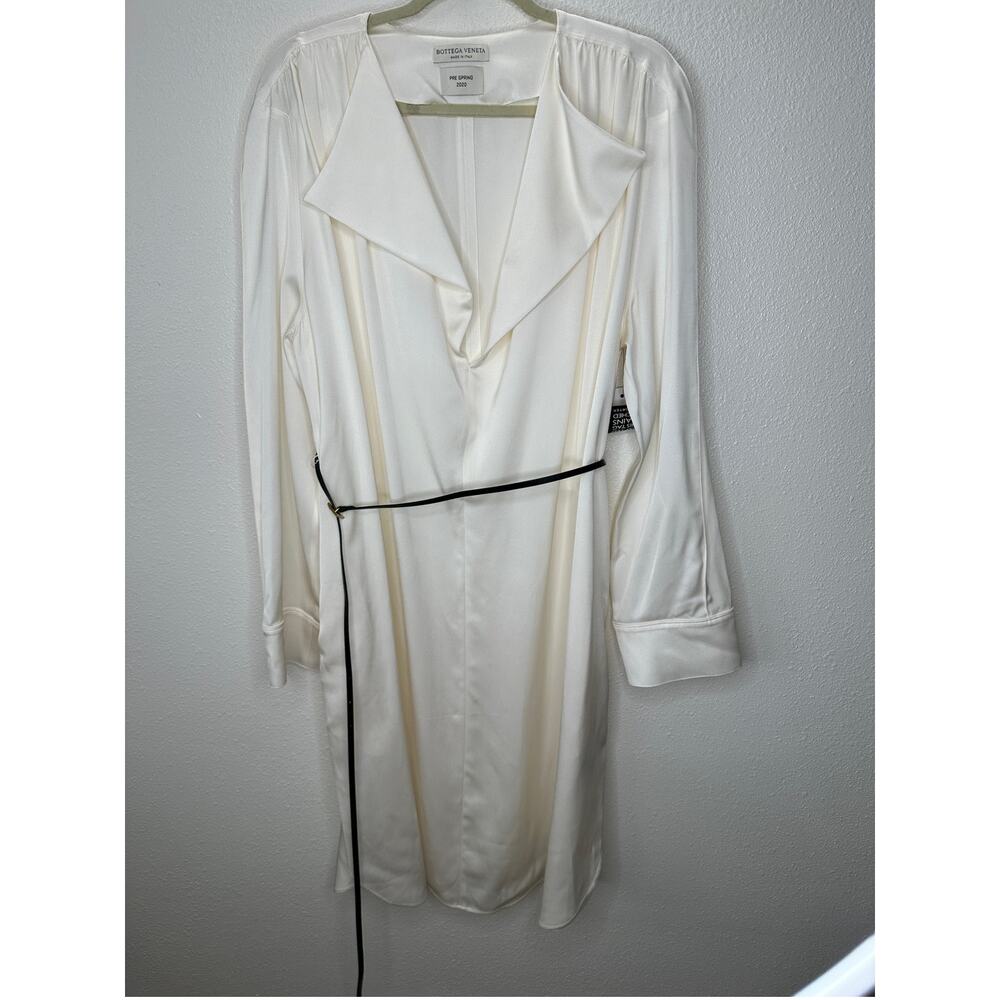 NWT Bottega Veneta Cream Silk Long Sleeve Spread Collar Belted Dress 46 / L
